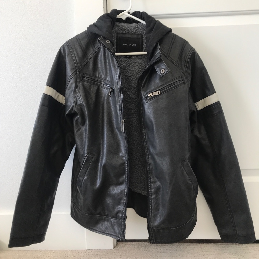 Structure leather jacket with hood